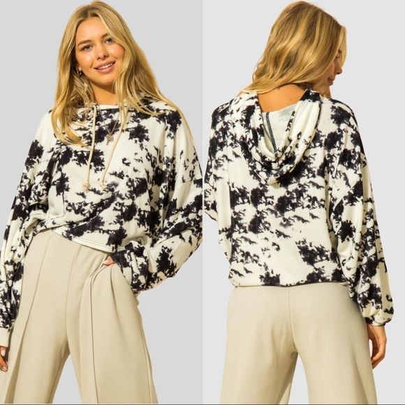 TIE DYE PRINT OVERSIZED BALLOON SLEEVE HOODIE - Picture 1 of 6